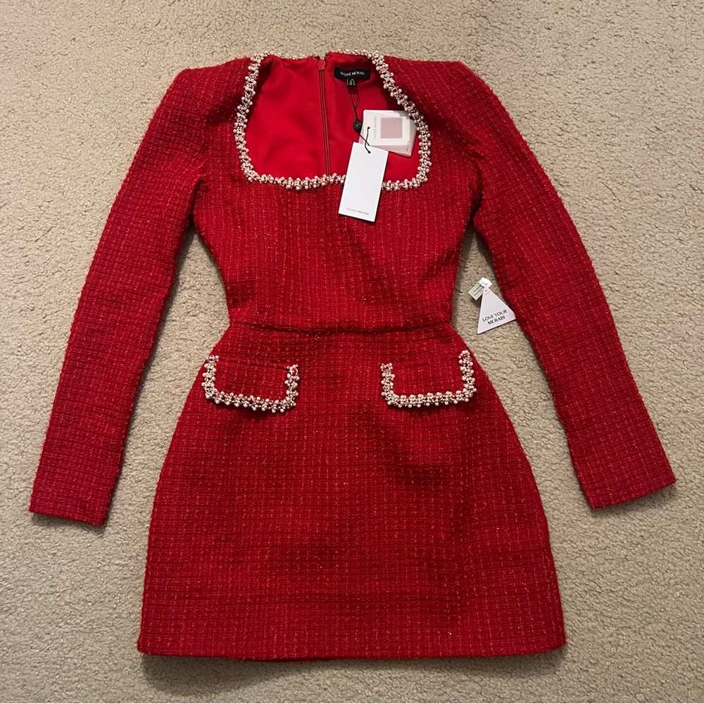 Nadine Merabi Natalie Red Dress in Tweed Fabric and Pearl Detail size XS NWT - Picture 3 of 6
